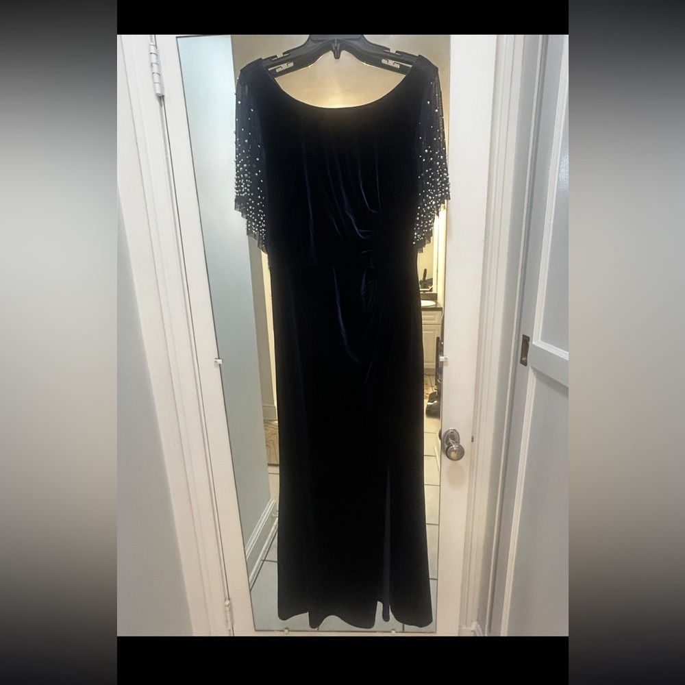 Alex Evenings Navy Velvet Gown with Beaded Sleeves